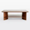 Contemporary Curved Coffee Table with rich wood finish and lower shelf