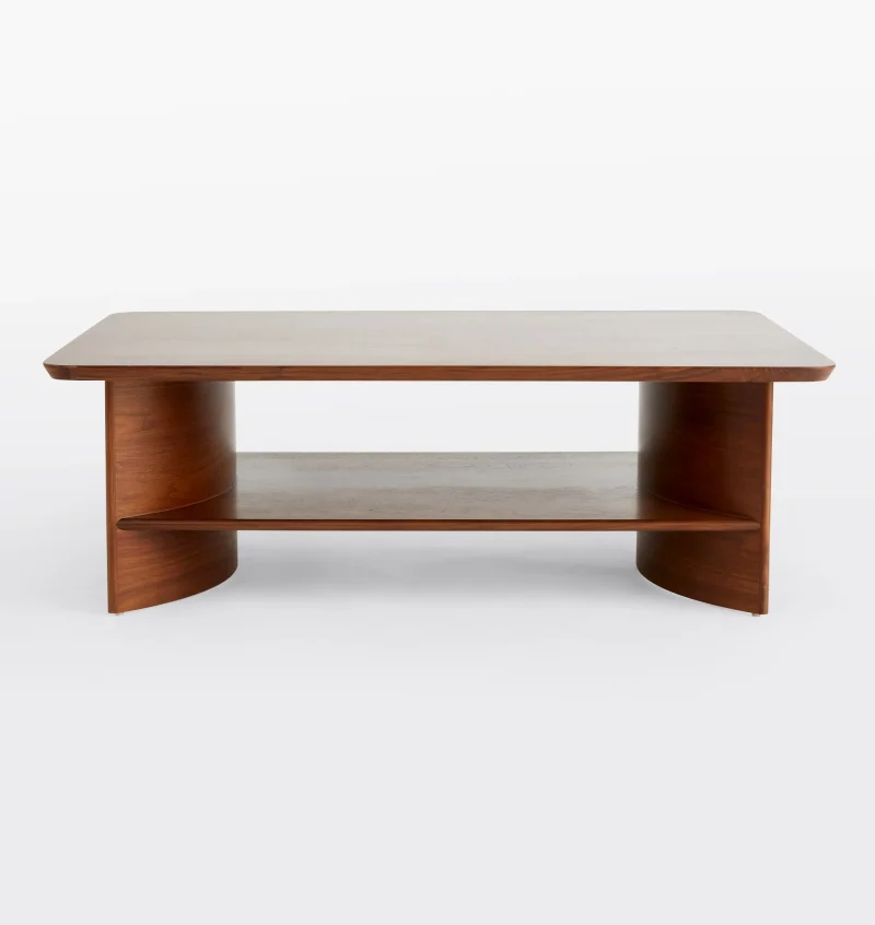 Contemporary Curved Coffee Table with rich wood finish and lower shelf