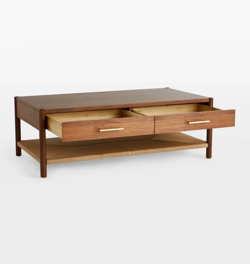 Mid Century Storage Coffee Table with woven shelf and brass handles