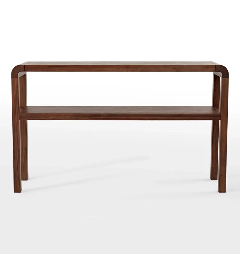 Mid century console table with rounded edges and two-tier shelves for decor and storage.