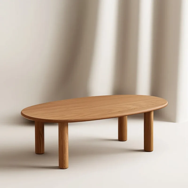 Oval Wooden Coffee Table with rounded edges and natural wood finish.