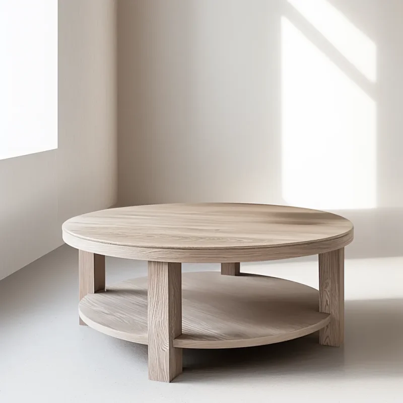 Round Wooden Coffee Table with natural finish and lower shelf design.