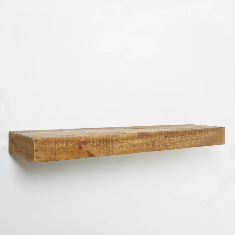 Rustic Wooden Floating Shelf with natural wood grain finish and decor items.