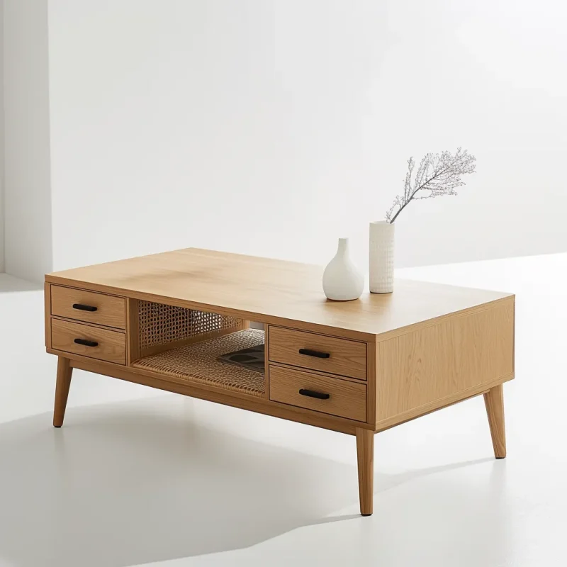 Scandinavian Wooden Coffee Table with rattan shelf and storage drawers.