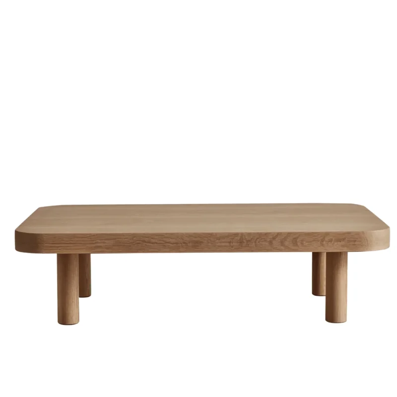 Contemporary Low Profile Coffee Table with rounded edges and sturdy cylindrical legs