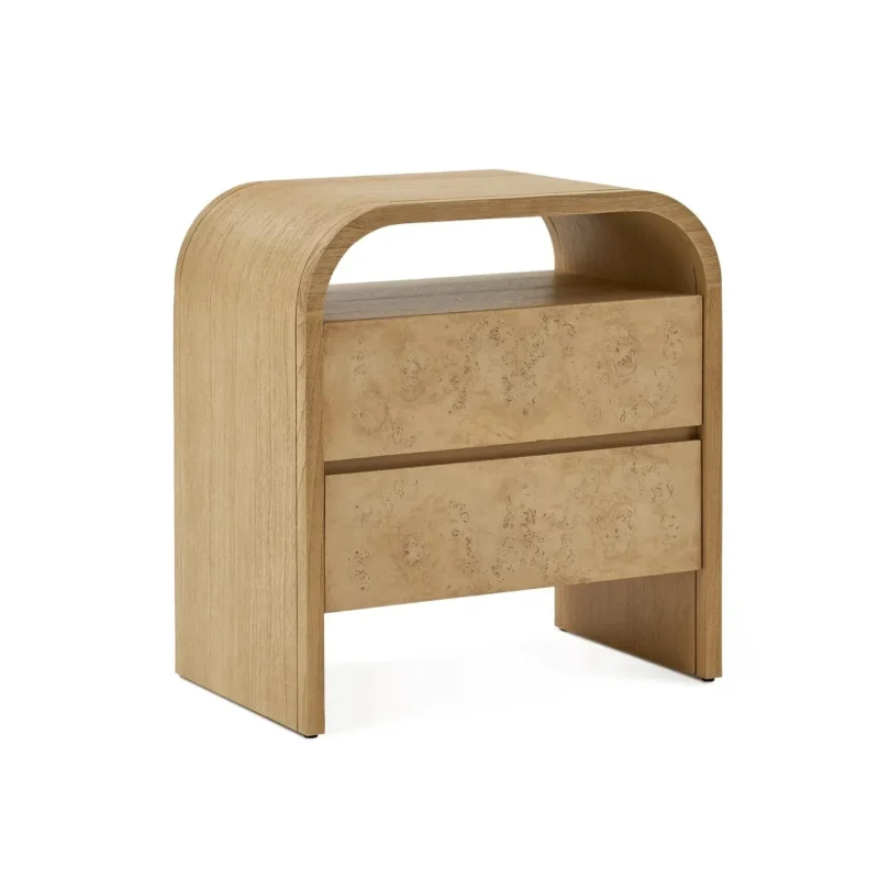 Elegant two drawer nightstand with a curved top and modern design perfect for contemporary bedrooms
