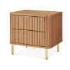 Luxury Nightstand with two drawers, vertical panel design, and gold metal legs in a modern bedroom setting