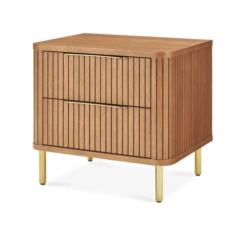 Luxury Nightstand with two drawers, vertical panel design, and gold metal legs in a modern bedroom setting