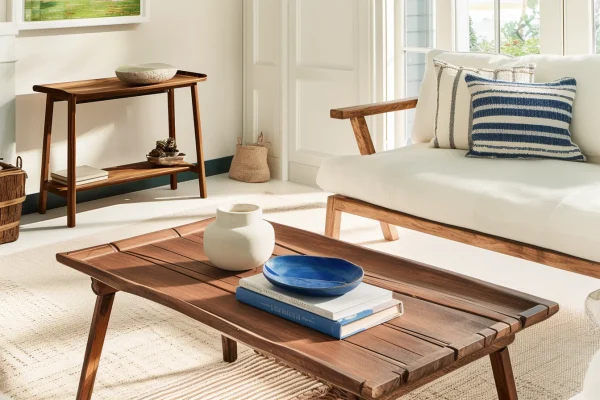 Mid century console table with elegant wood finish in a modern living room