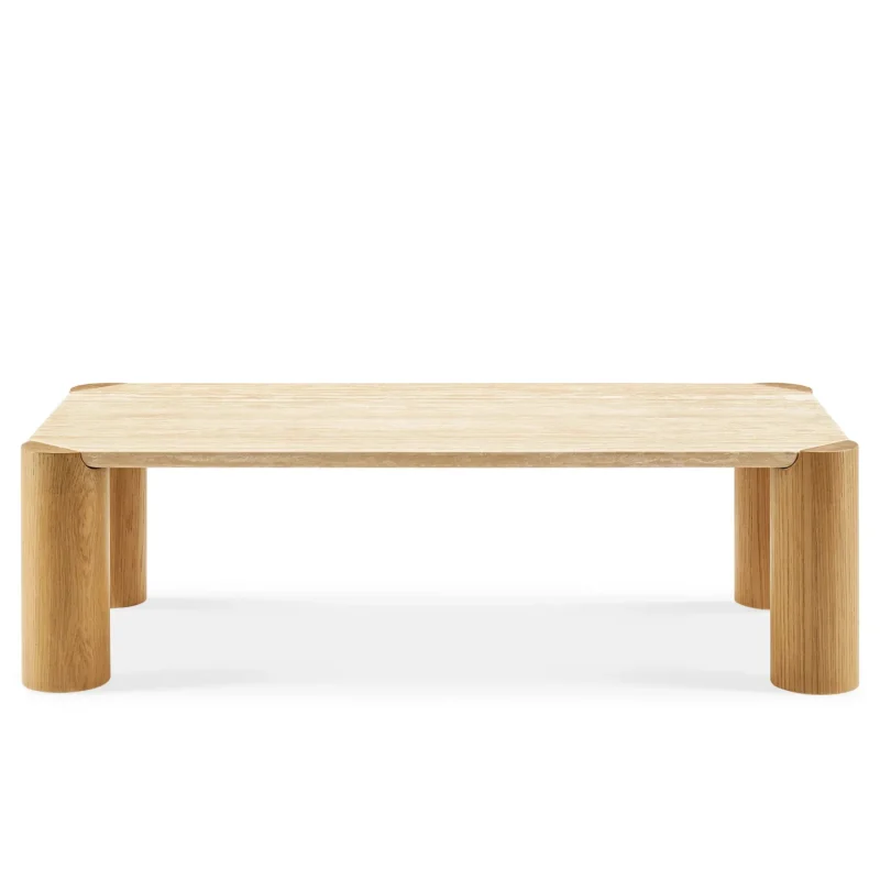 Rectangular modern coffee table with cylindrical legs and sleek design