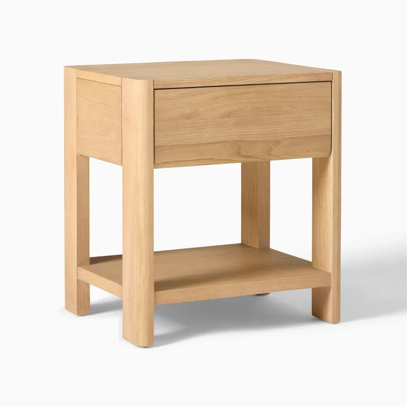 Elegant bedroom nightstand storage, featuring a drawer and open shelf