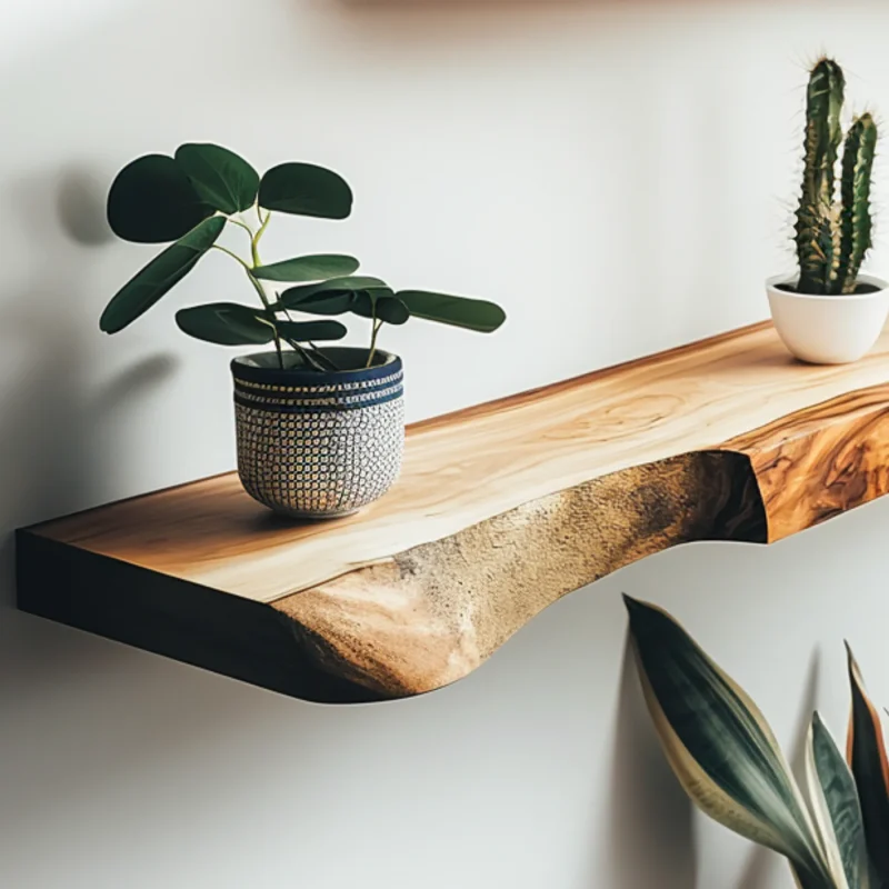 Live Edge Floating Shelf mounted on white wall featuring plants and decorative items