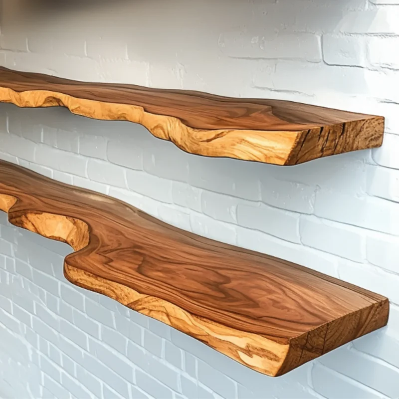 Natural Edge Floating Shelf mounted on white brick wall featuring décor and collectibles
