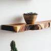 Rustic Floating Shelf with natural edge mounted on white wall featuring decorative plants