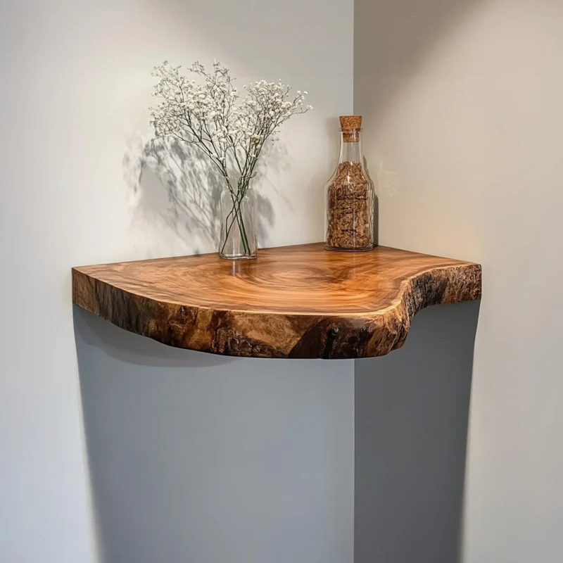 Rustic corner floating shelf space saving wall display solution