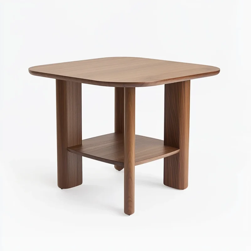 Everyday side table with square top and lower shelf styled in a cozy modern reading corner