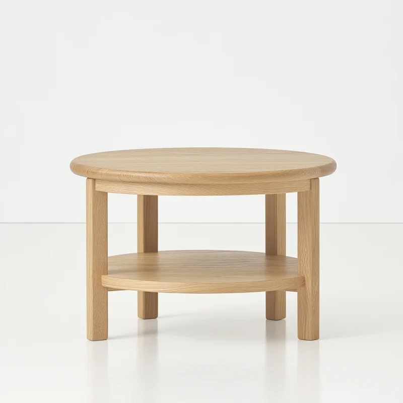 Round side table with shelf placed between two armchairs in neutral room